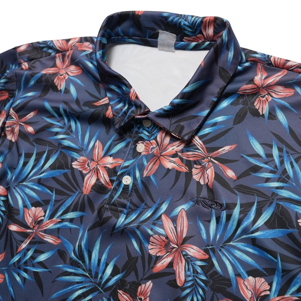 Palmwave Tropical Polo Mens Size XL Blue‎ Short Sleeve Floral Palm Leaf Hibiscus